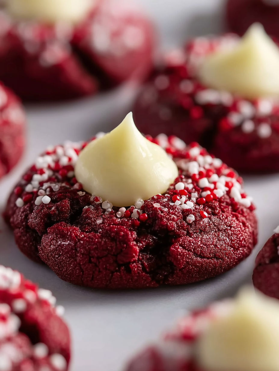 Red velvet thumbprint cookies with white icing.