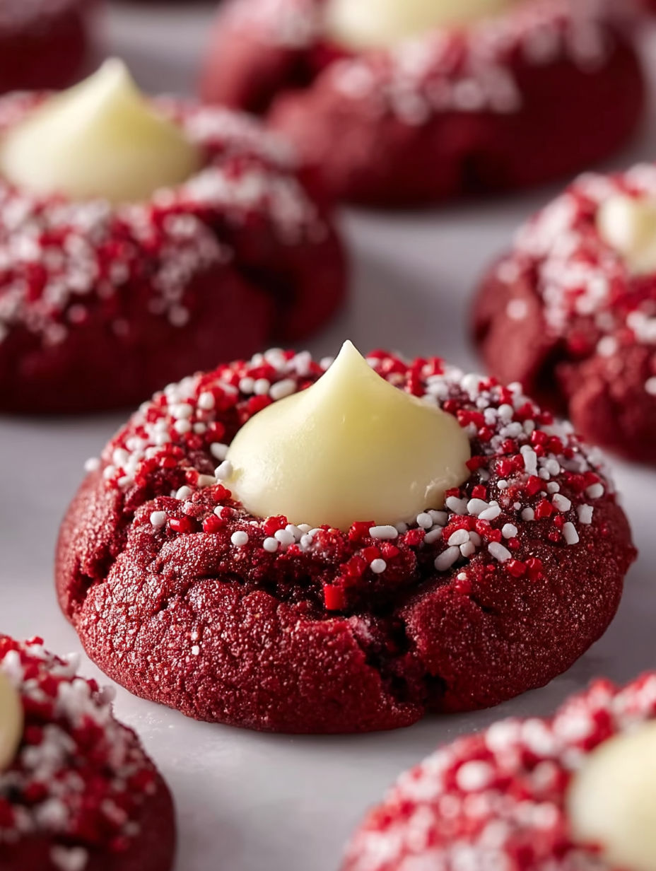 Red velvet thumbprint cookies with white icing.