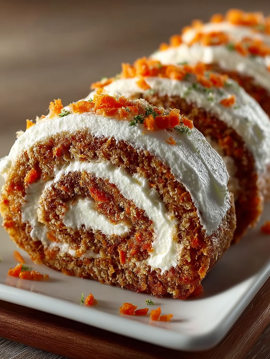 A carrot cake roll on a plate.