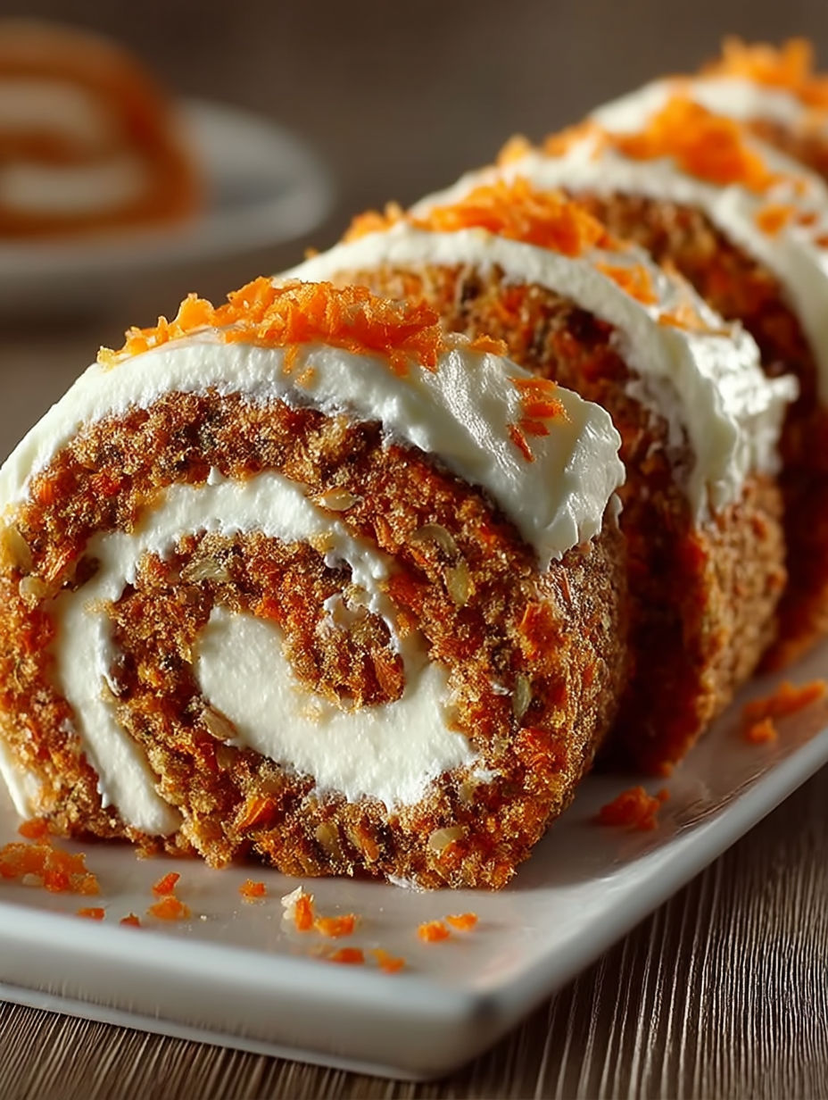 A carrot cake roll on a plate.