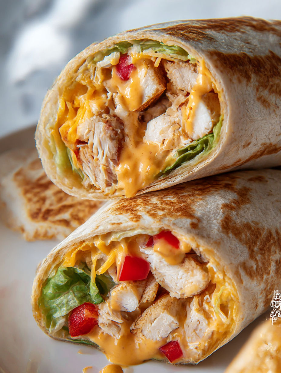 A burrito with chicken and cheese.