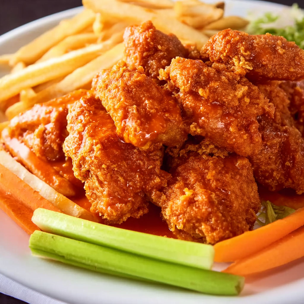 A plate of boneless chicken wings with fries.