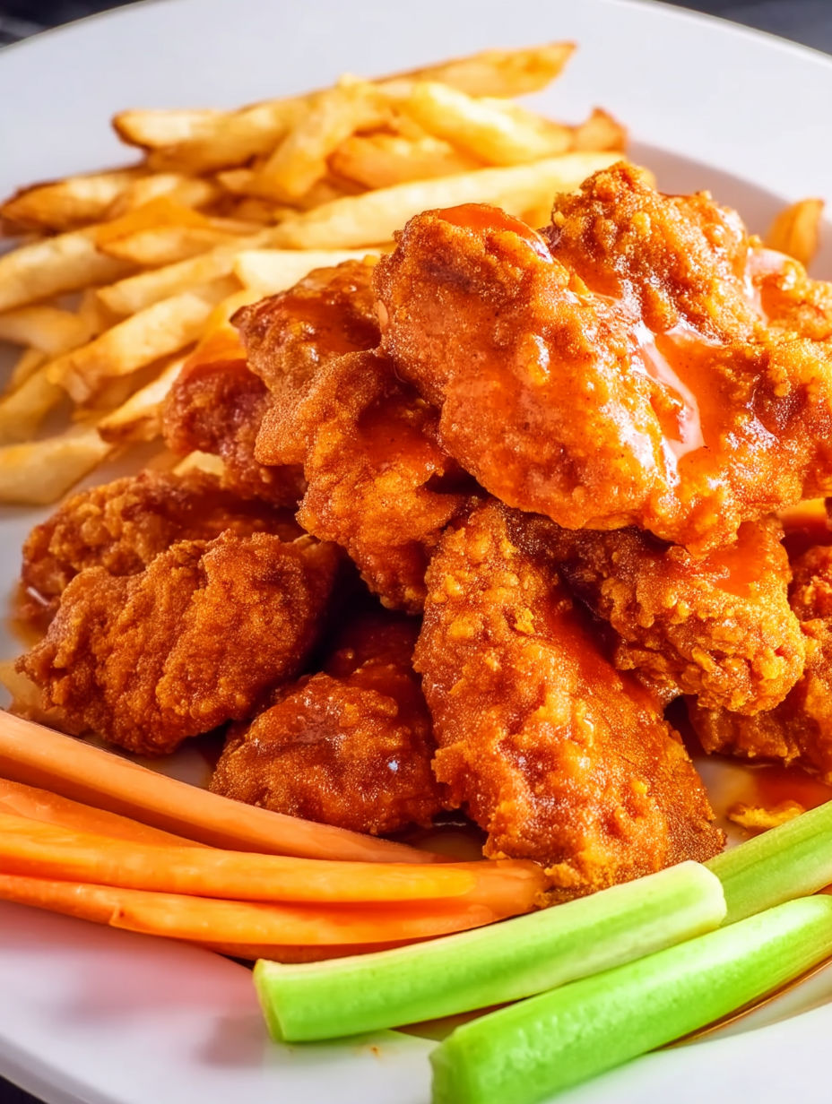 A plate of boneless chicken wings with barbecue sauce.