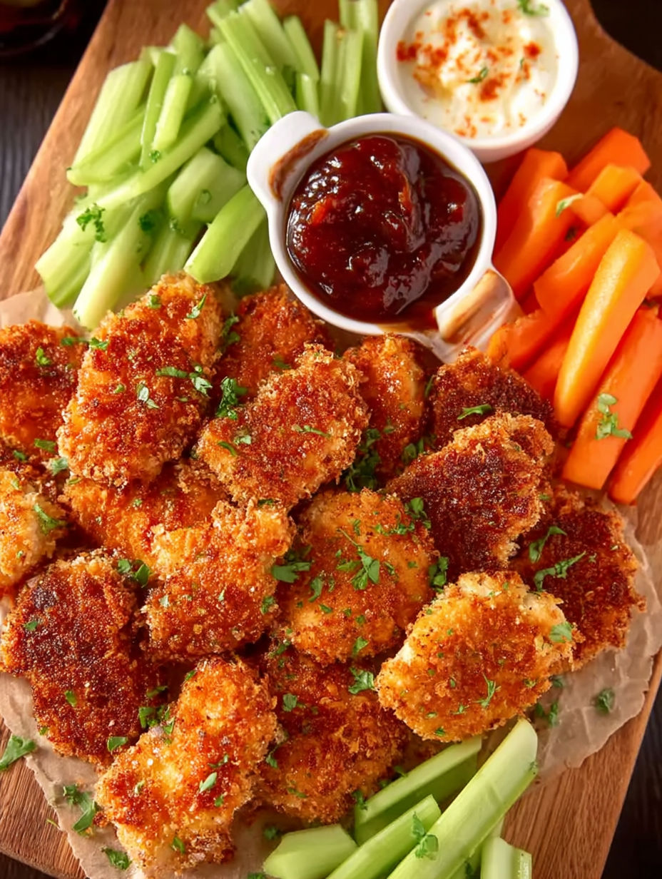 A plate of chicken wings with sauce and vegetables.