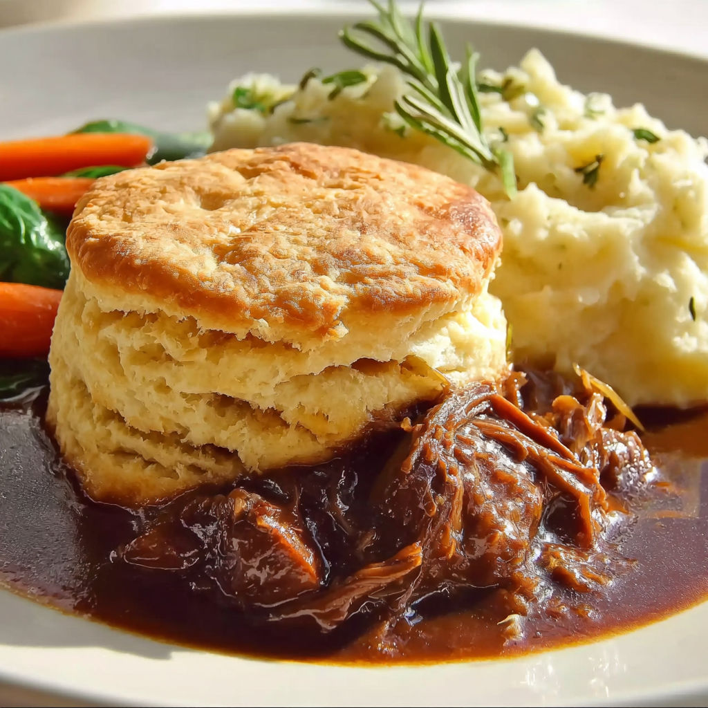 A plate of food with a biscuit, potatoes, and meat.