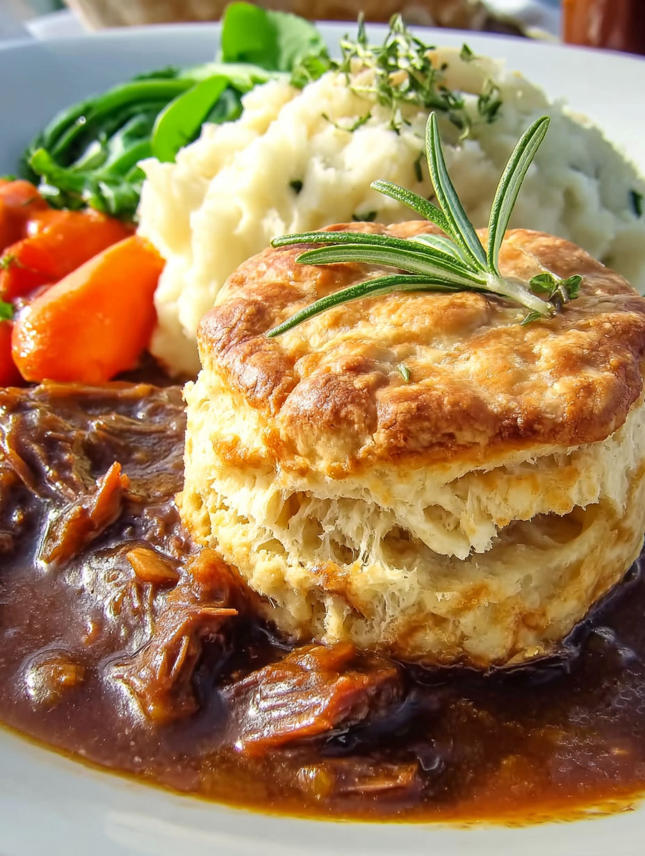 A biscuit topped with meat and gravy.