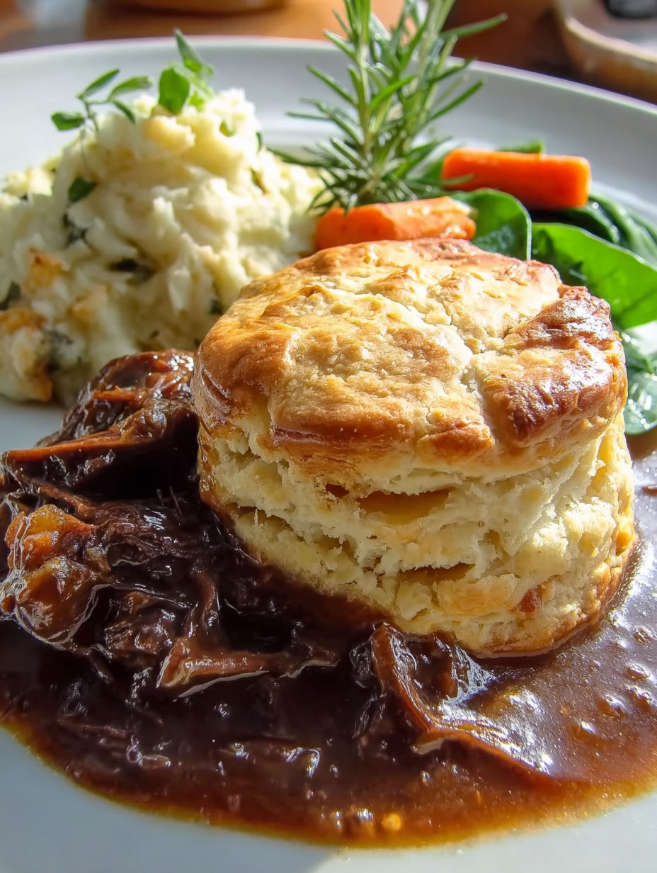 A plate of food with a biscuit on top.