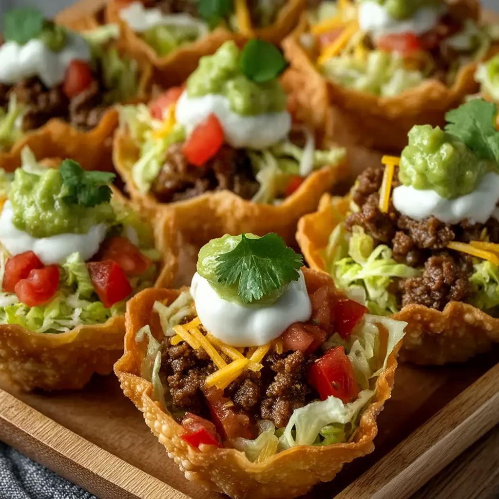 A plate of taco bites with lettuce, tomatoes, and cheese.