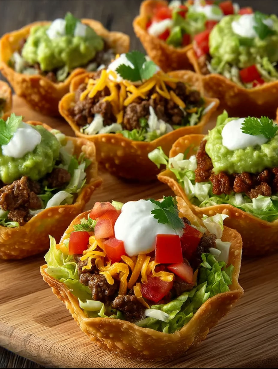 A variety of taco bites in cups.