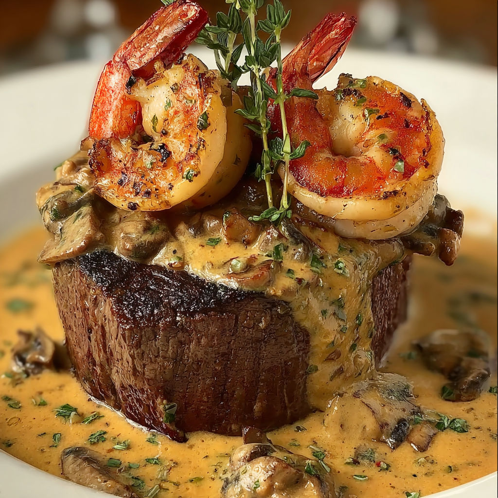 A plate of food with shrimp, lobster, and a cream sauce.