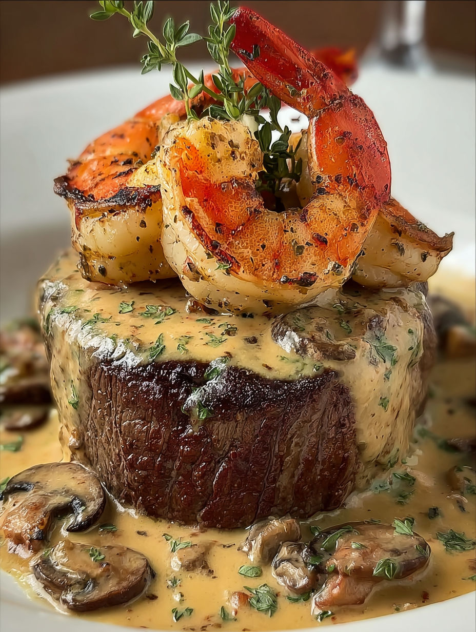A plate of food with shrimp, lobster, and mushrooms.
