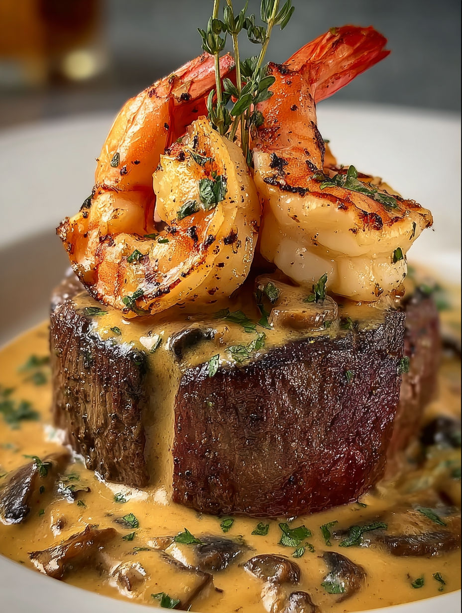 A piece of meat with shrimp and lobster on top.
