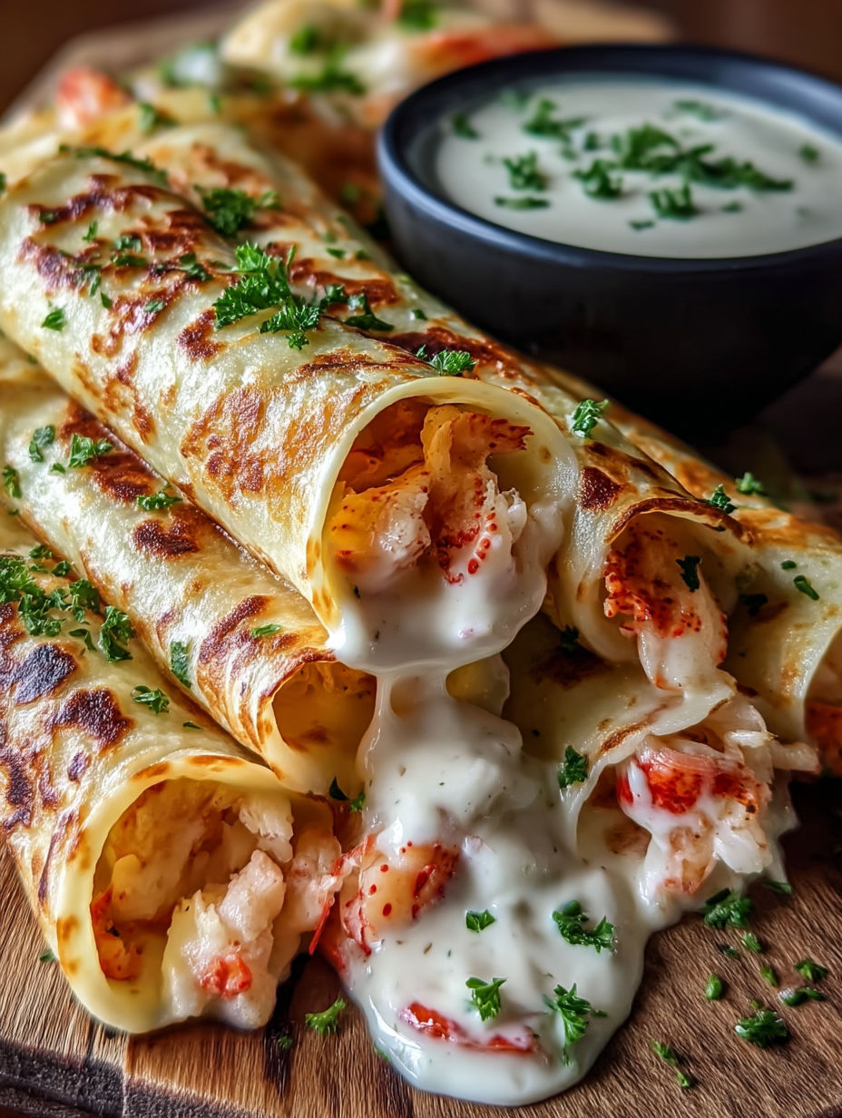 A plate of food with a bowl of sauce and a crab cake.