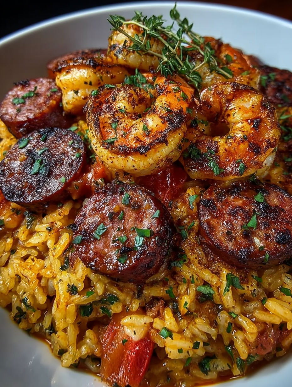 A plate of jambalaya with shrimp and rice.