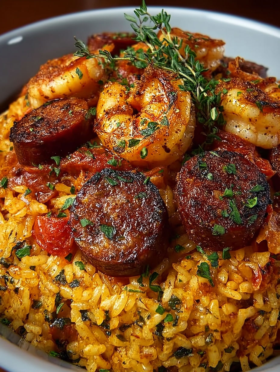 A plate of jambalaya with shrimp and sausage.