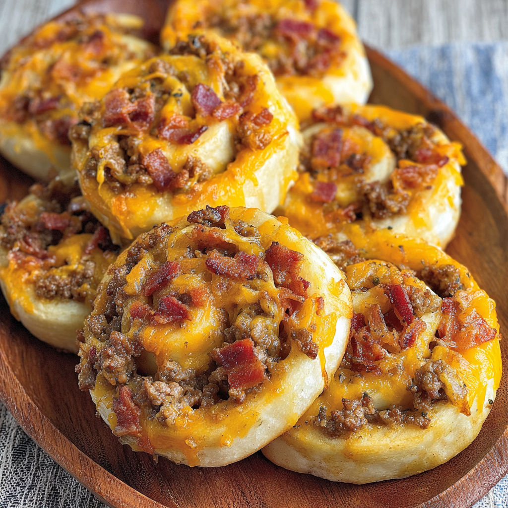 Bacon cheeseburger pinwheels on a wooden platter.
