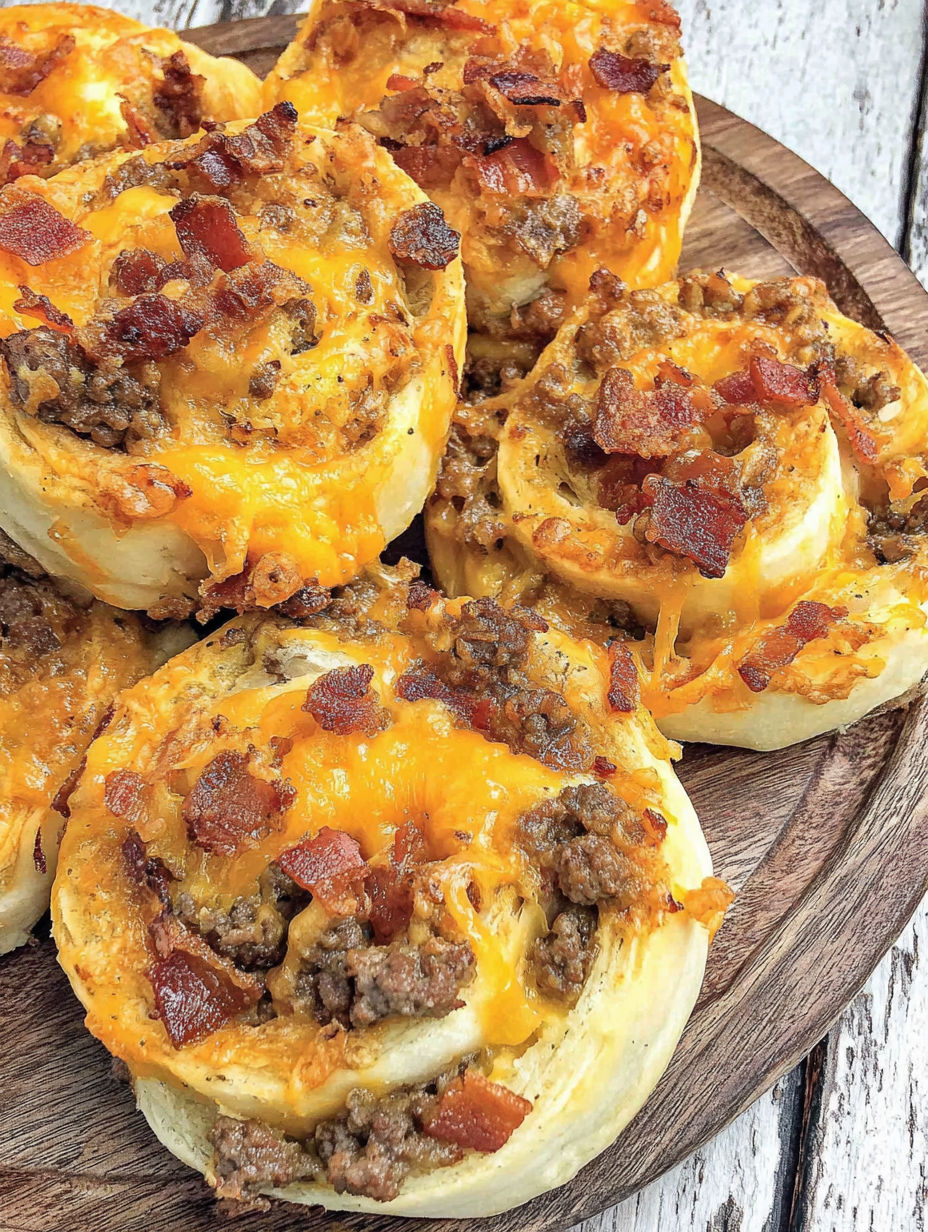 Bacon cheeseburger pinwheels on a wooden platter.