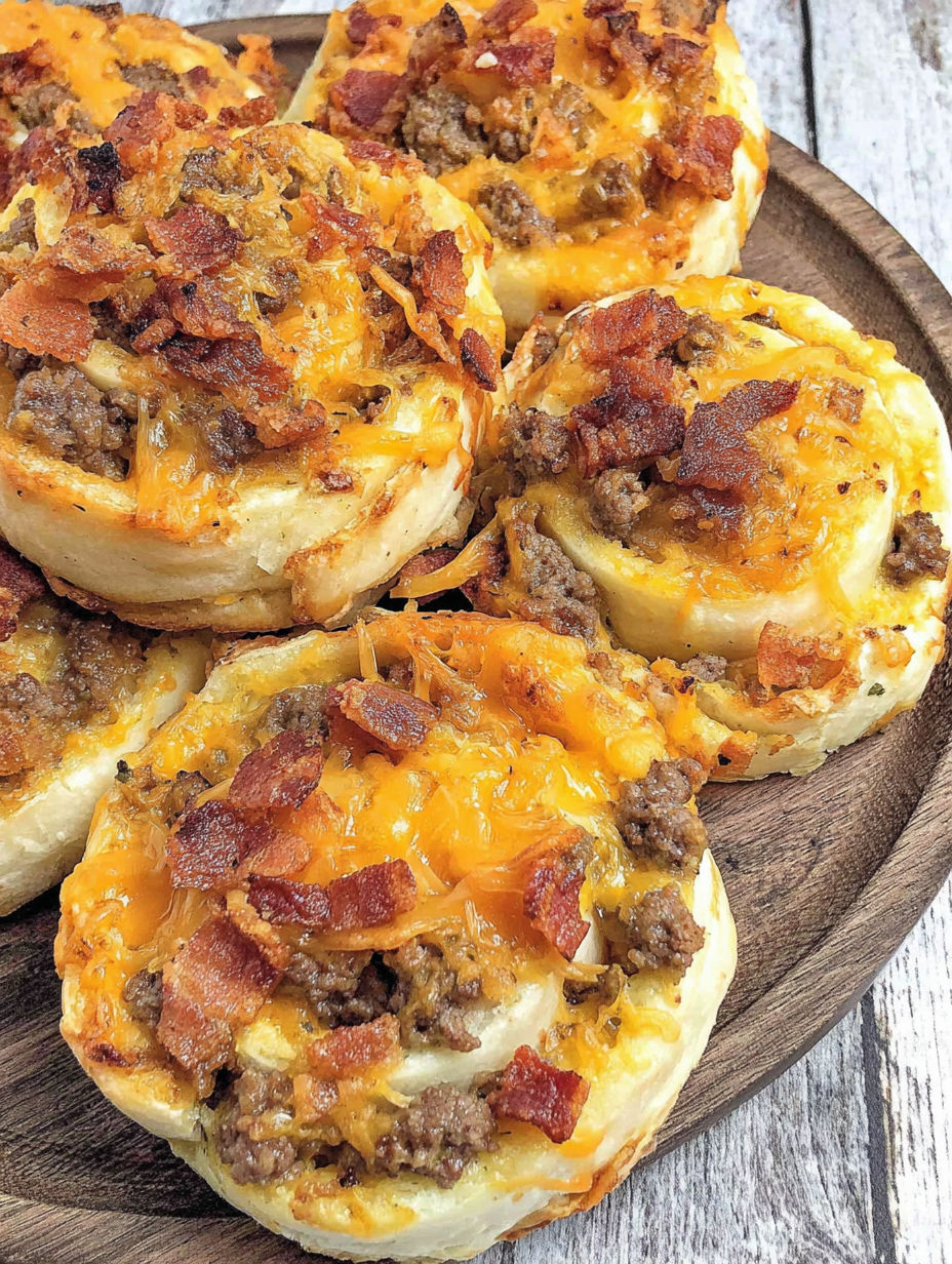 Bacon cheeseburger pinwheels on a wooden platter.