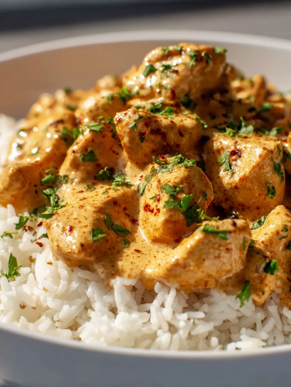 A bowl of rice with chicken and sauce.
