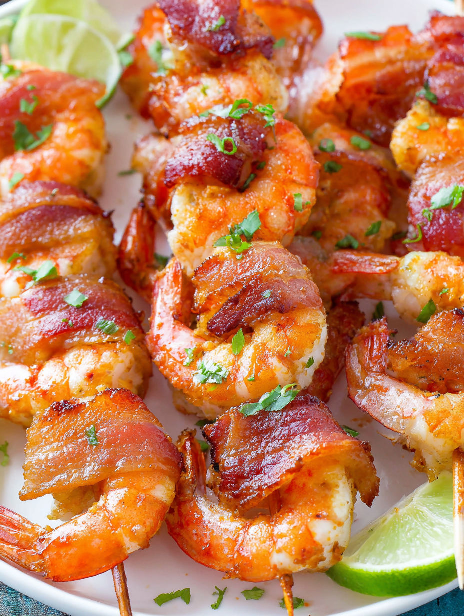 Bacon wrapped shrimp on a plate.