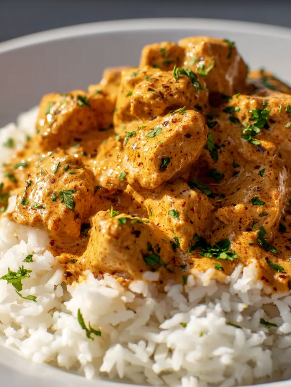 A bowl of rice with chicken and sauce.
