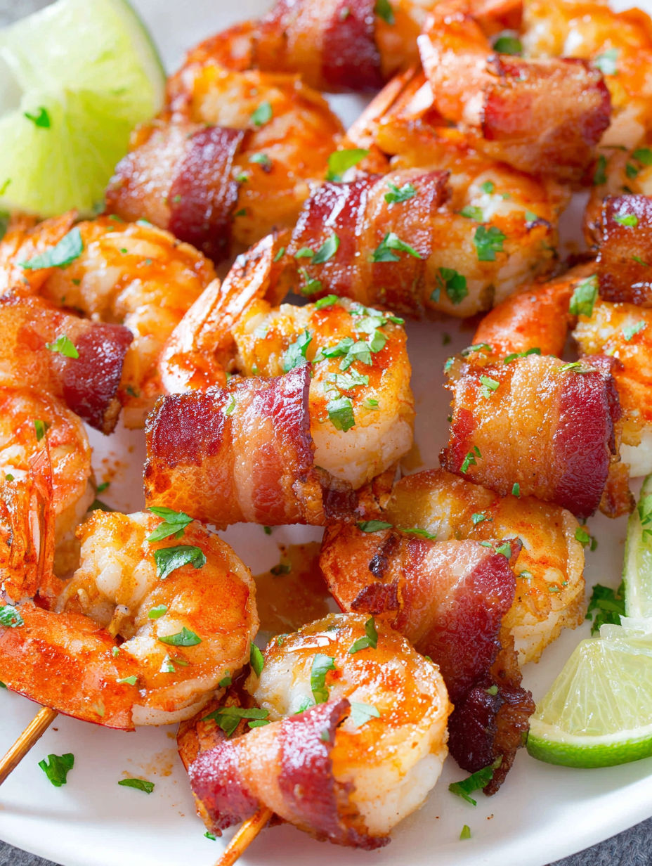 Bacon wrapped shrimp on a plate.