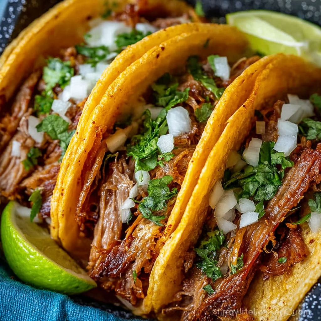 A plate of pork carnitas with onions and limes.