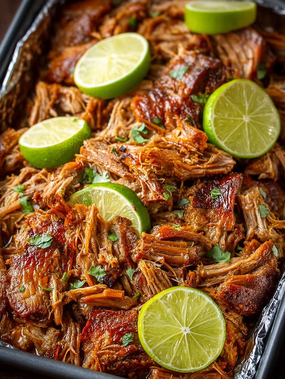 A dish of pork carnitas with limes on top.