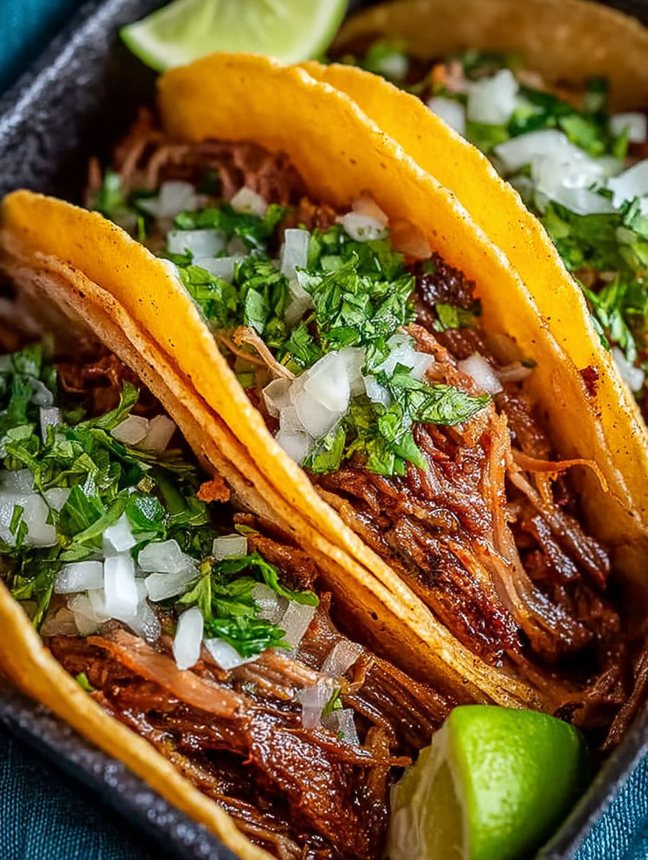 A bowl of pork carnitas with onions and limes.
