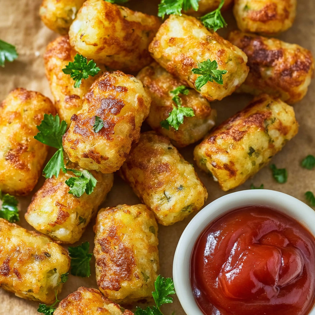 Golden tater tots with ketchup.