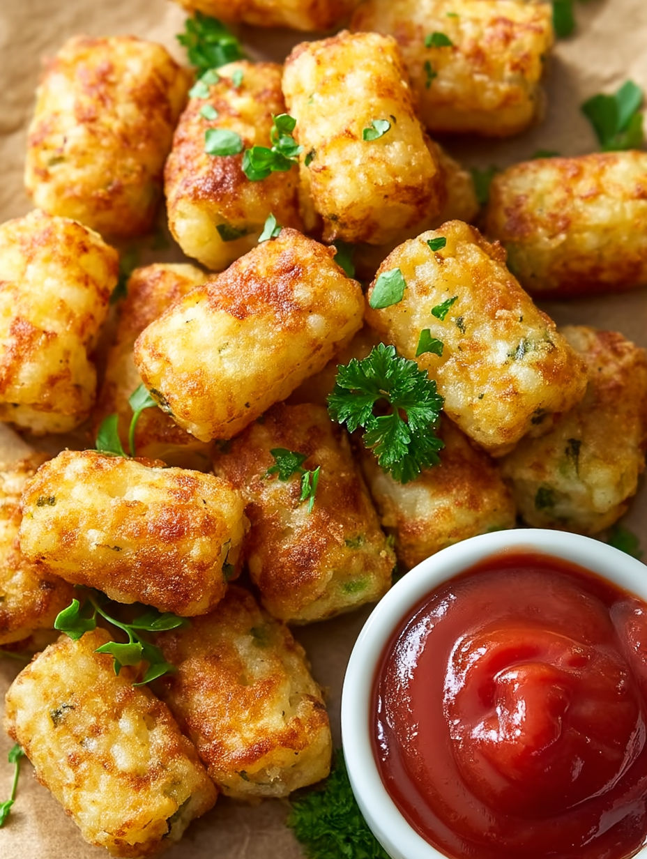Golden tater tots with ketchup.