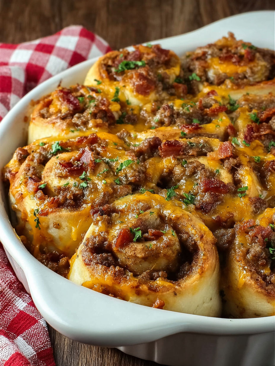 A white bowl filled with bacon cheeseburger pinwheels.