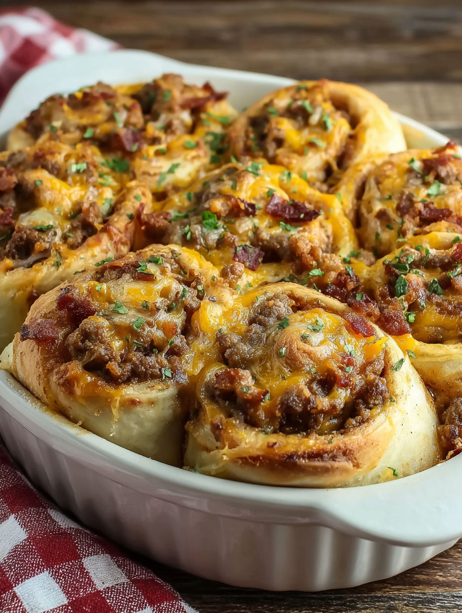 A dish of bacon cheeseburger pinwheels.