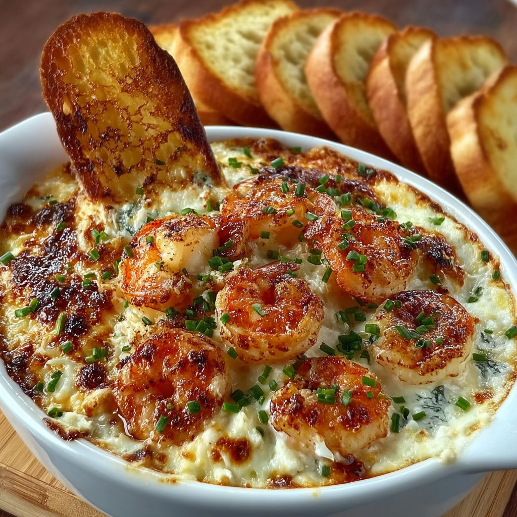 A bowl of cheesy shrimp crab bake dip with a piece of bread on top.