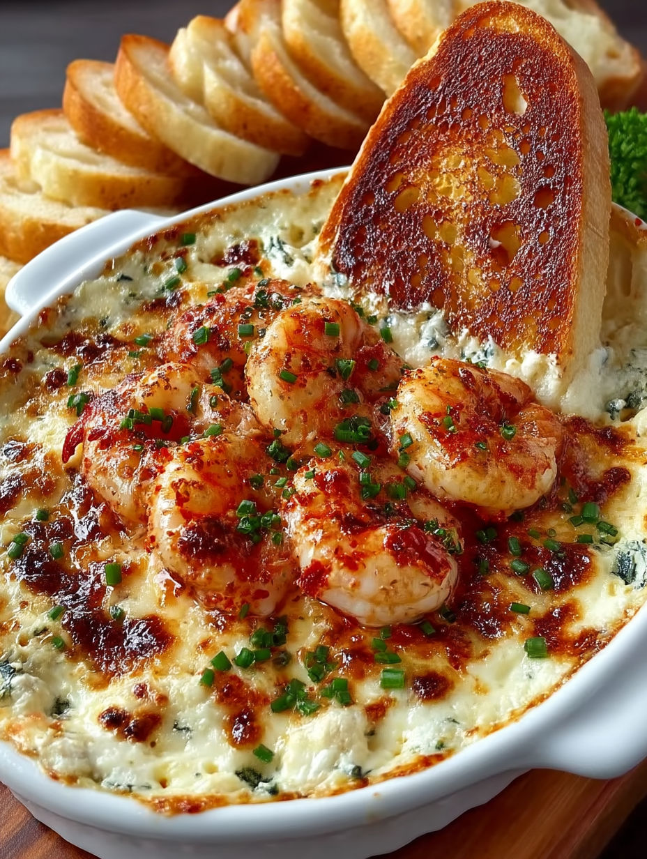 A bowl of shrimp and cheese with a piece of bread on top.