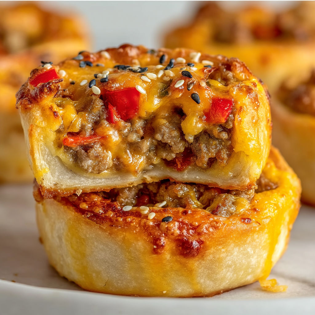 A close up of a cheeseburger pinwheel pizza bite.