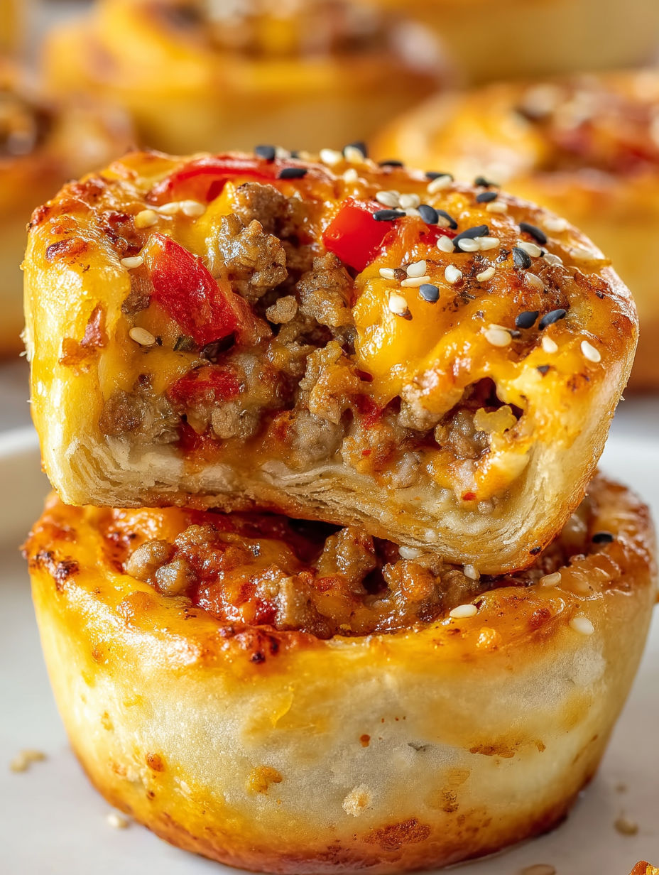 Cheeseburger pinwheel pizza bites.