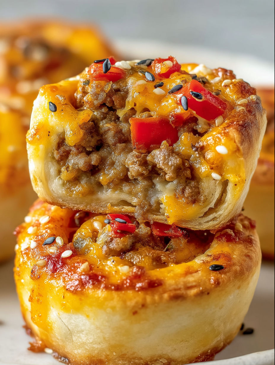 A close up of a cheeseburger pinwheel pizza bite.
