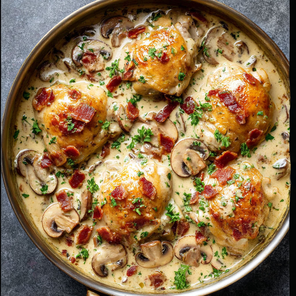 A dish of creamy baked chicken thighs with mushrooms and bacon.