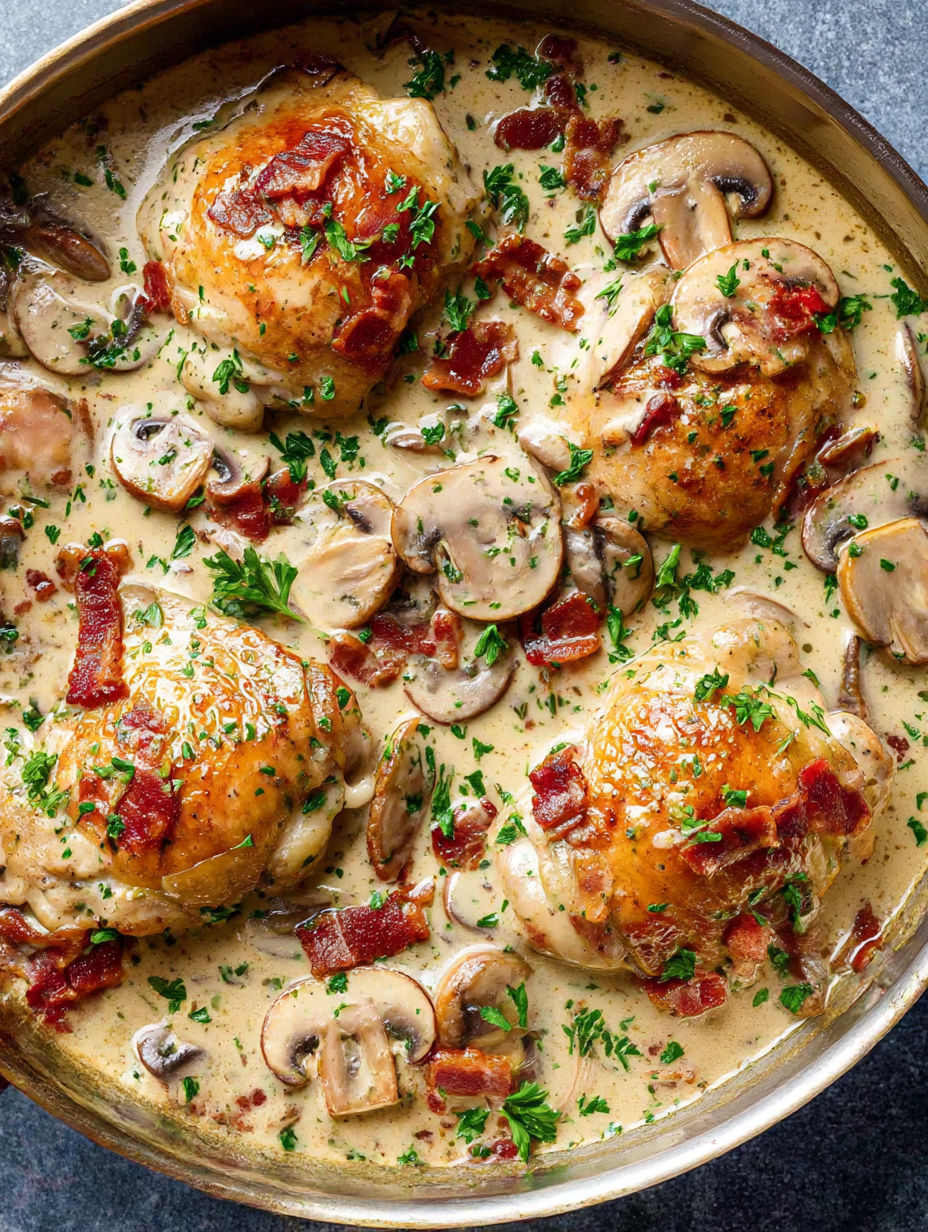 Chicken thighs with mushrooms and bacon in a creamy sauce.