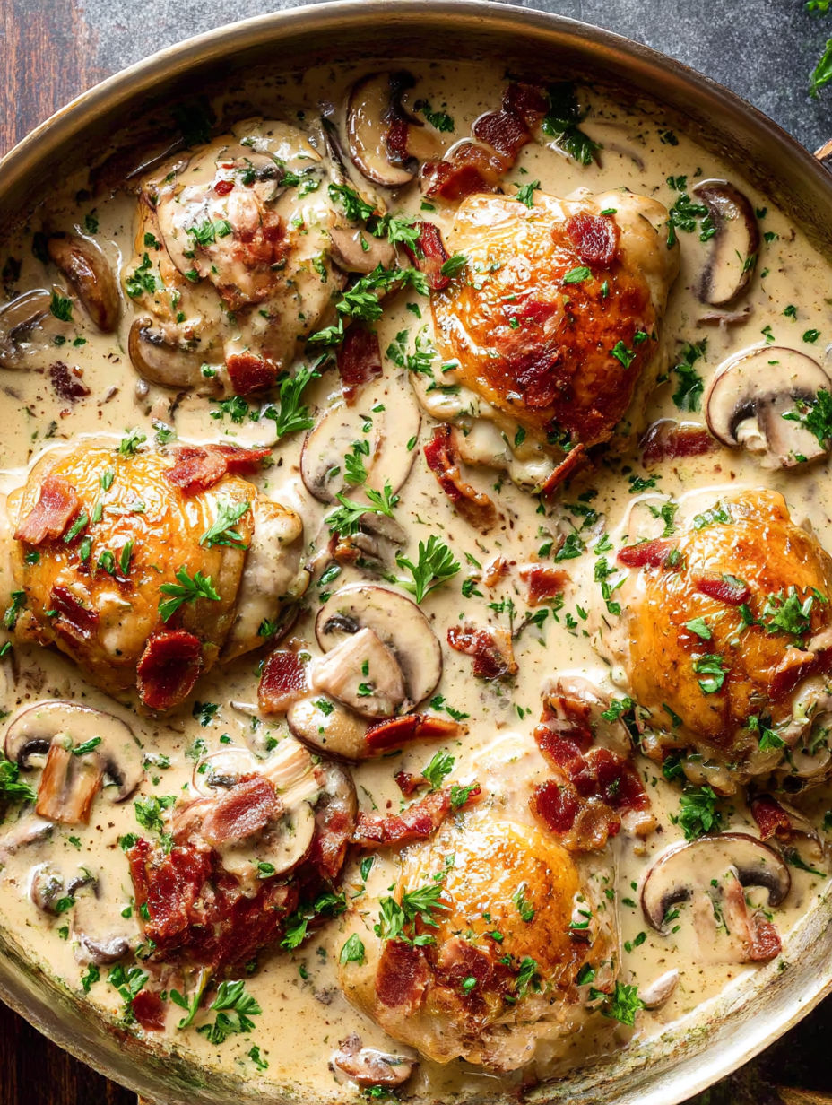 Chicken thighs with mushrooms and bacon in a creamy sauce.