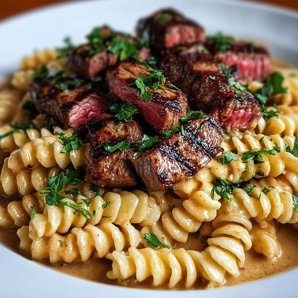 A plate of garlic butter steak pasta.