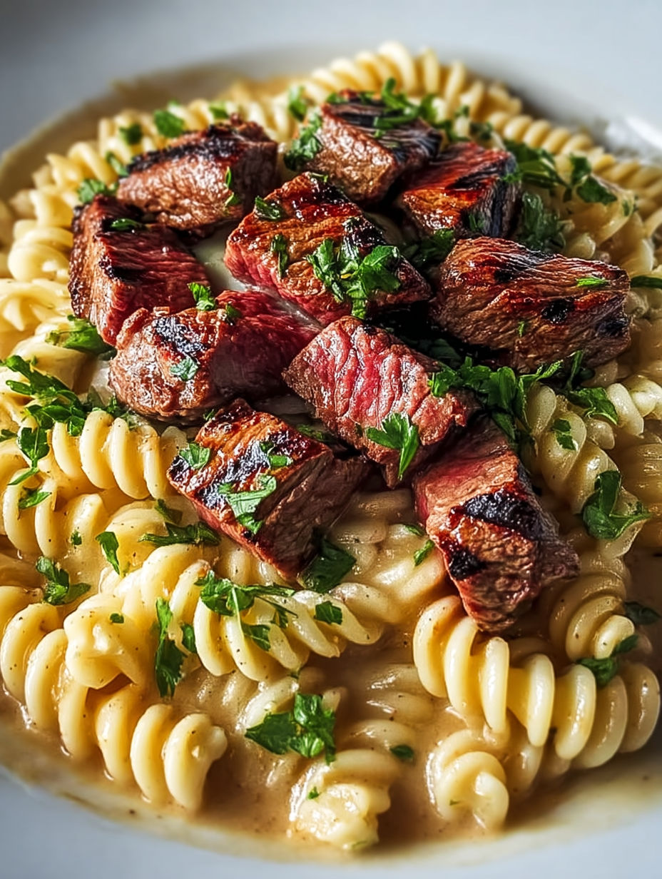 A delicious garlic butter steak pasta dish.