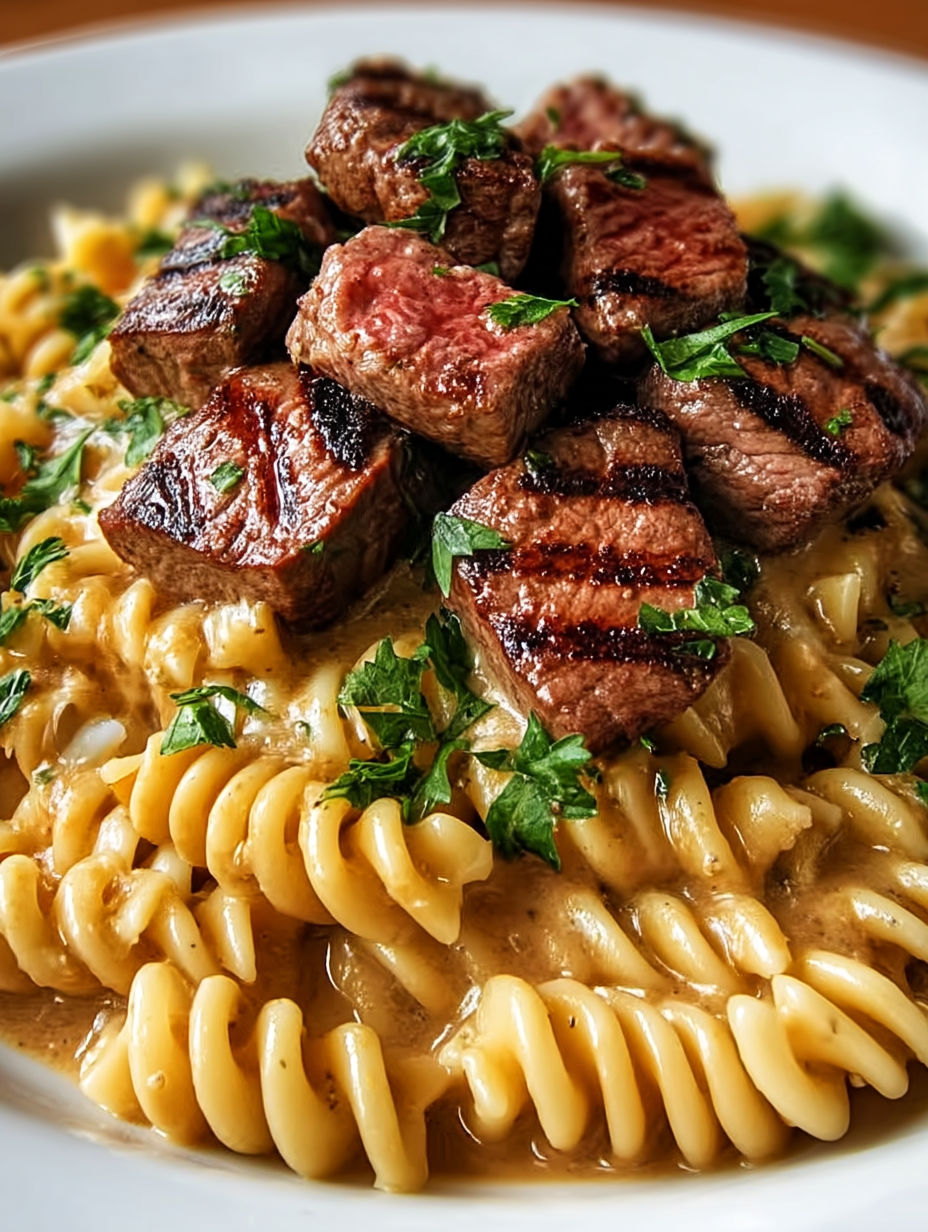 A plate of garlic butter steak pasta delight.