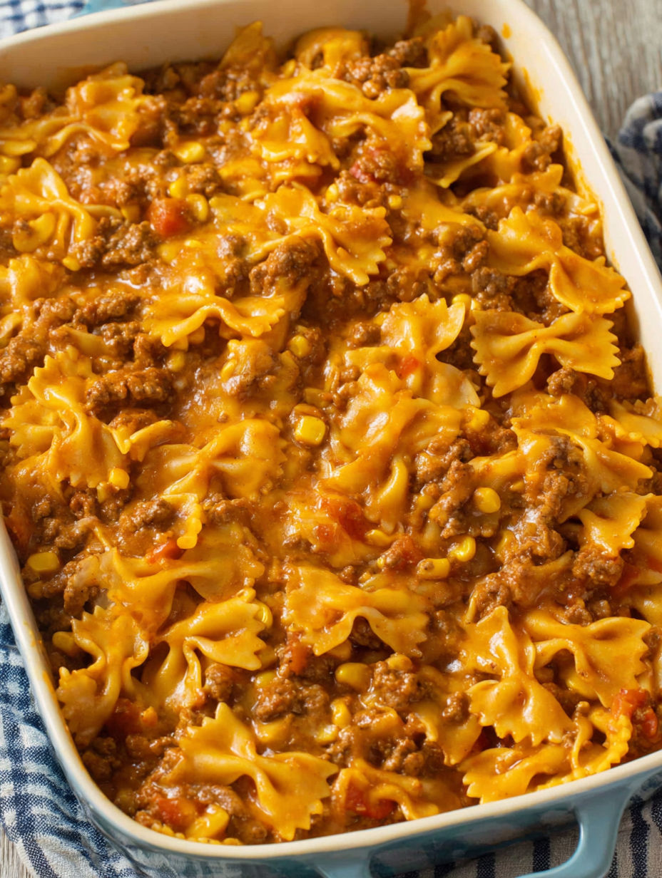 A white dish filled with a sloppy joe casserole.