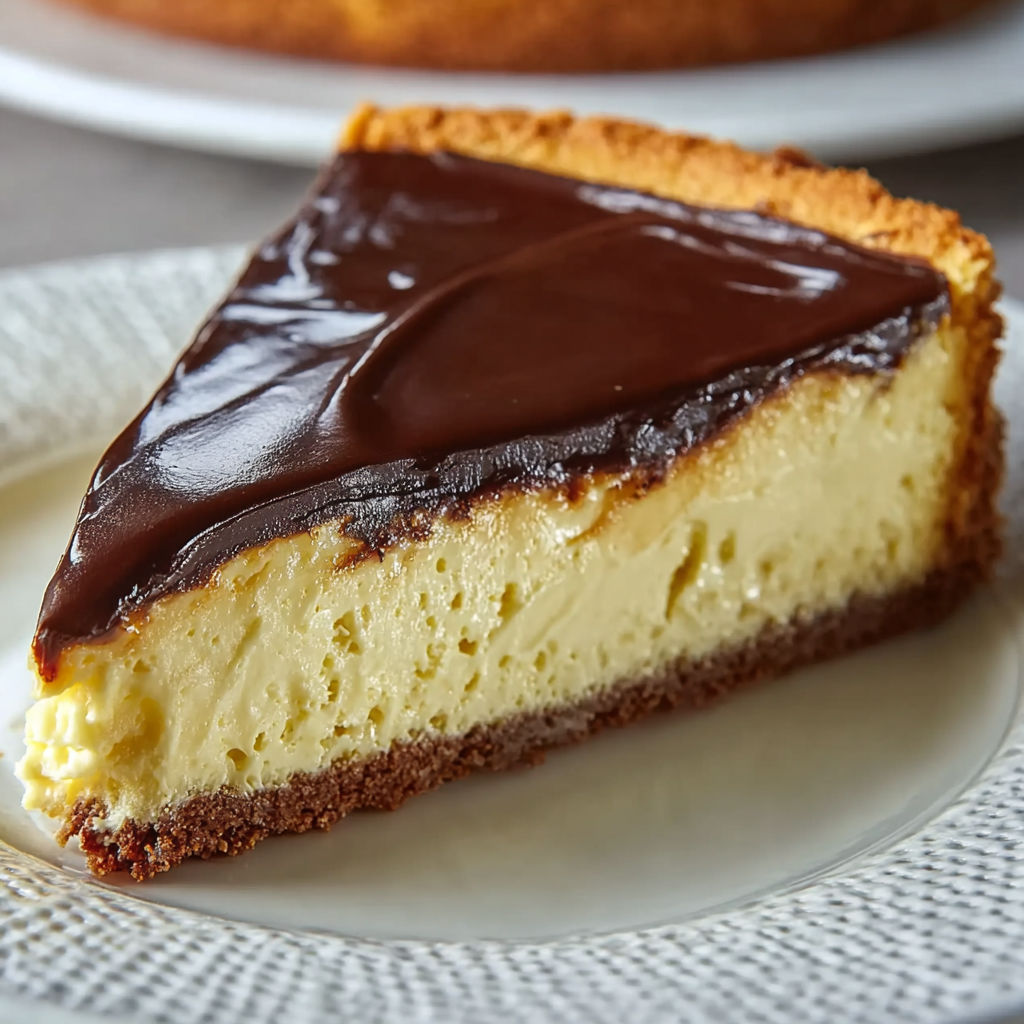 A slice of Boston Cream Pie Cheesecake.