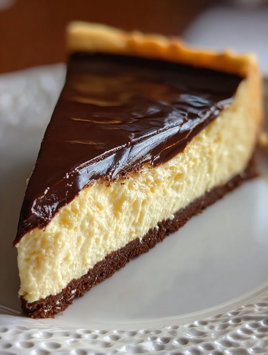 A slice of chocolate cheesecake on a plate.