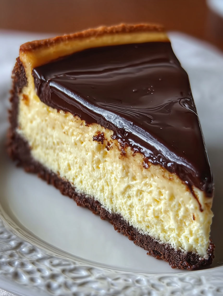 A slice of Boston Cream Pie Cheesecake.