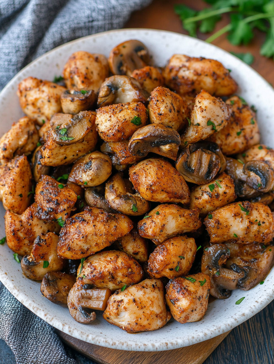 A bowl of Cajun Chicken Mushroom Bites.
