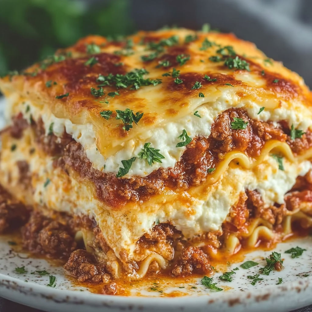 A plate of lasagna with cheese.